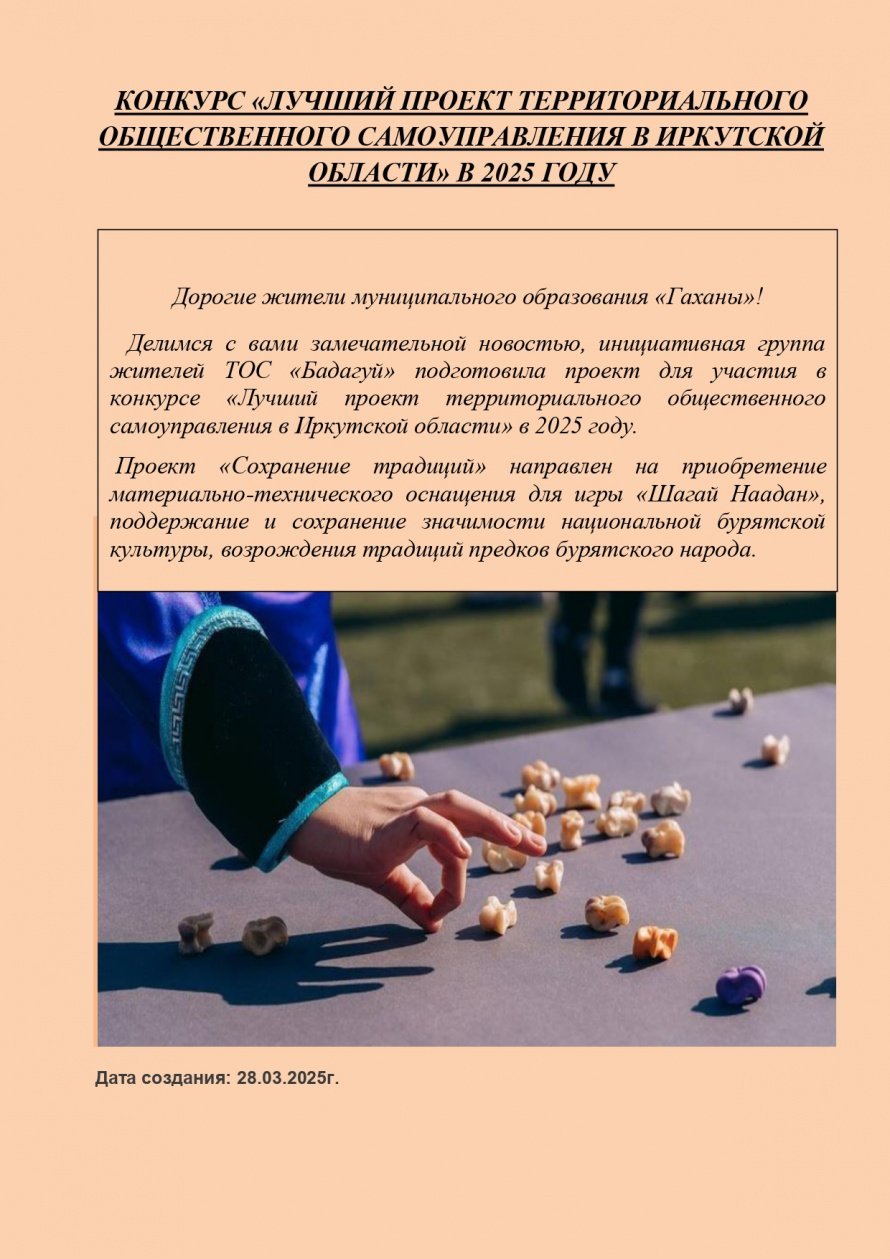 КОНКУРС «ЛУЧШИЙ ПРОЕКТ ТЕРРИТОРИАЛЬНОГО ОБЩЕСТВЕННОГО САМОУПРАВЛЕНИЯ В ИРКУТСКОЙ ОБЛАСТИ» В 2025 ГОДУ